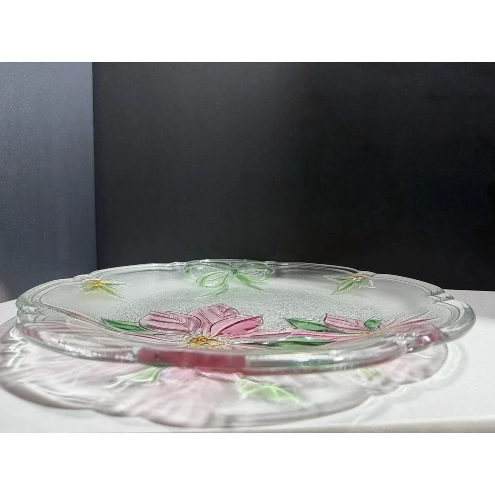 Mikasa Holiday Poinsettia Glass Platter Christmas Serving Plate Textured Floral